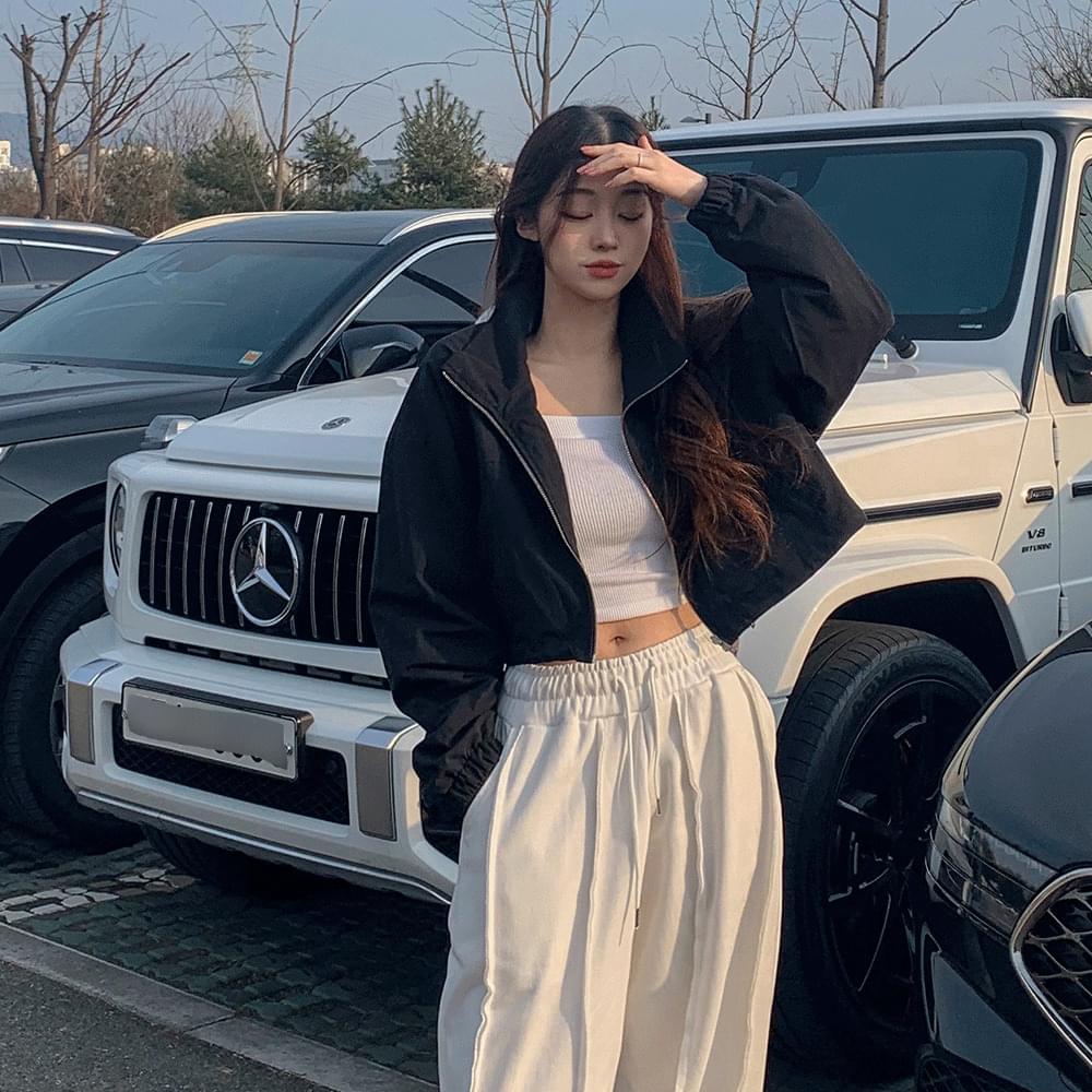 Loose-fit rustling high neck Jacket night jumper string short windbreaker jacket banding pocket spring outerwear casual look gray black