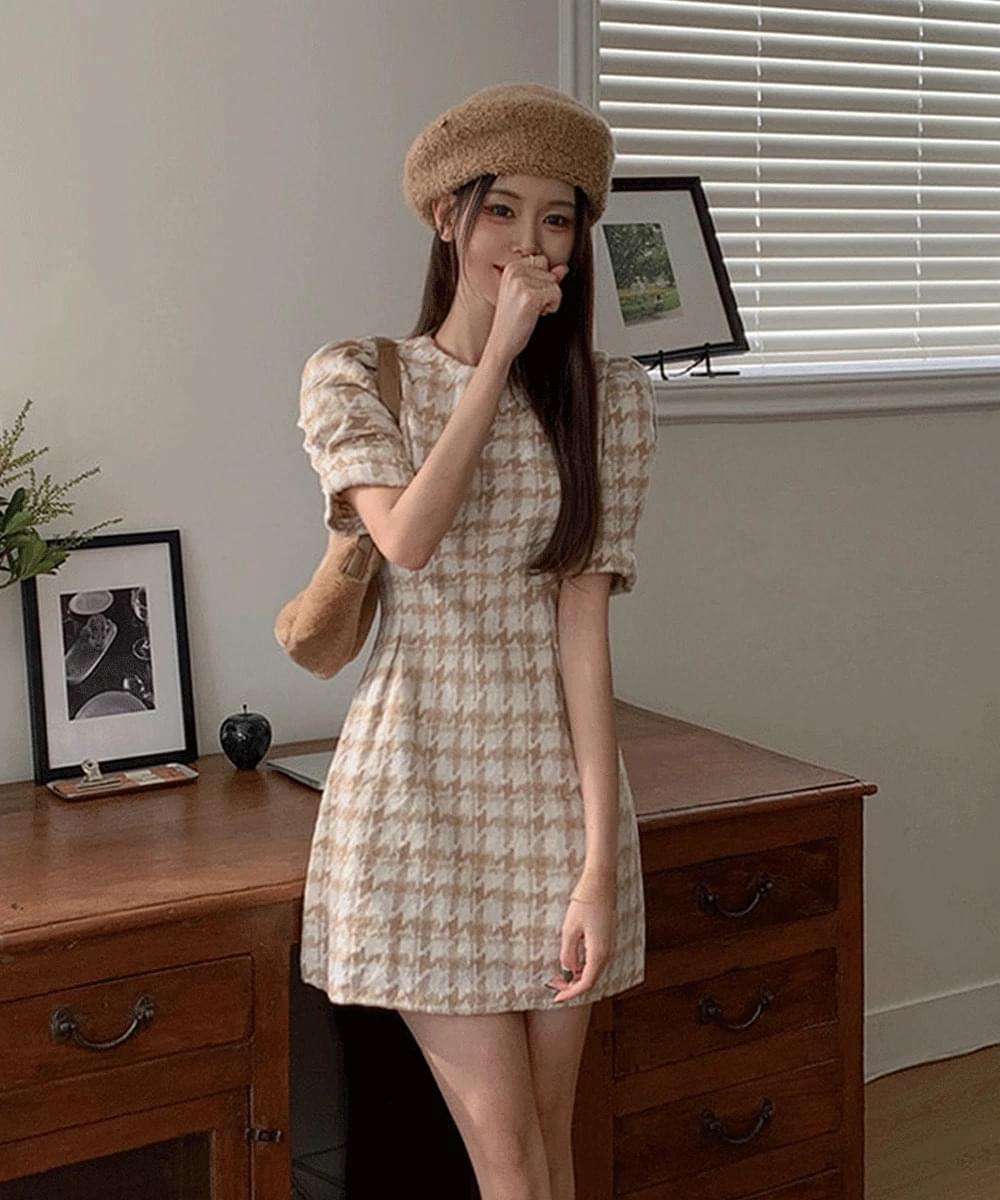Wool Houndstooth Check Puff Short Sleeve Mini One Dress A-Line Winter Warm Guest Look Year-end Look Date Look Beige Black