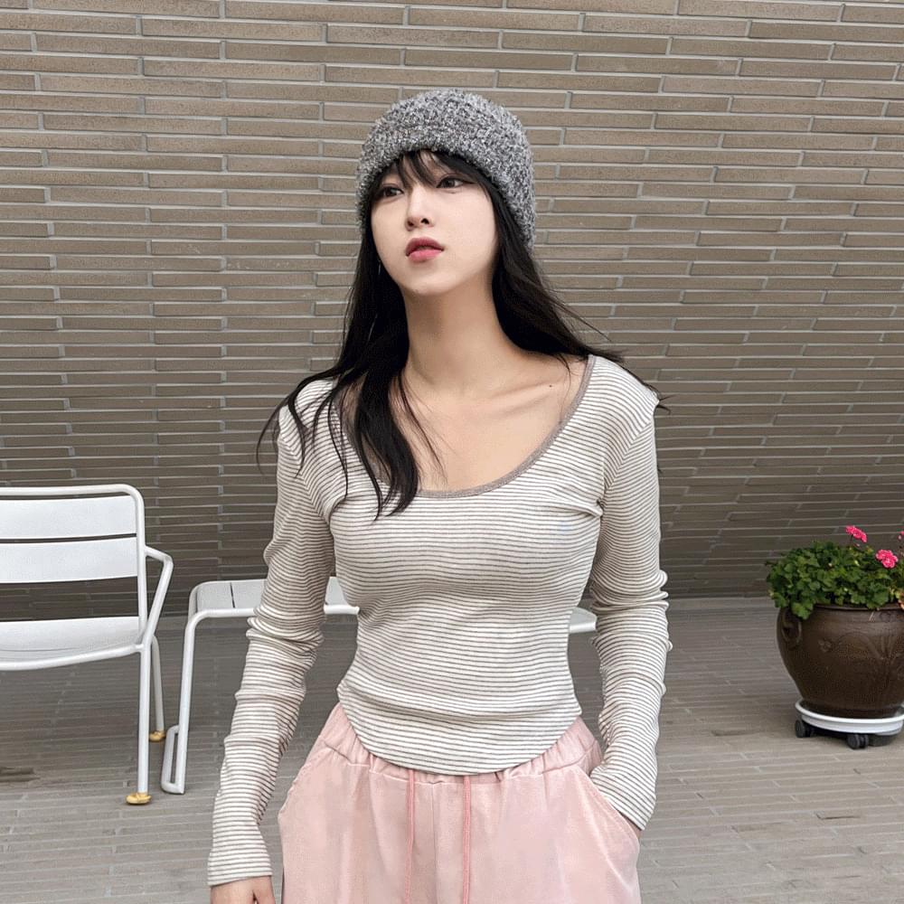 Round & U-neck uncut two- Striped dangara long-sleeved t-shirt slim tight Spandex deep round neck cotton striped tee slim tee cotton tee inner t-shirt 3col