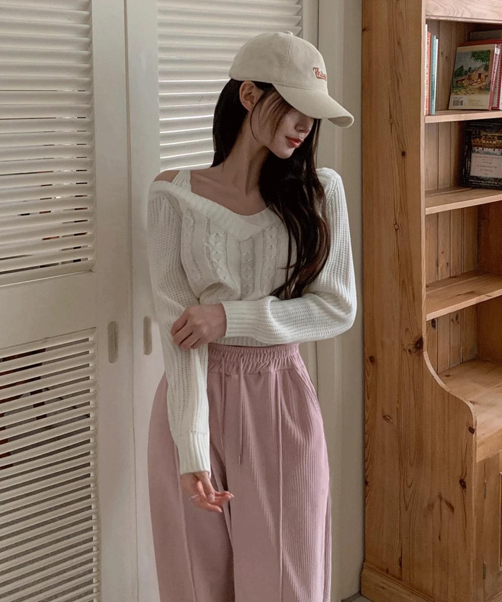 Shoulder Strap Off Twisted Knitwear V-Neck Layered Winter Long Sleeve Inner Feminine