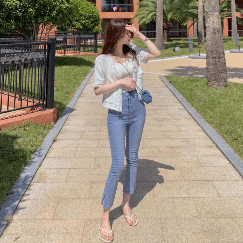 Hem slit tight Spandex daily work pants high waist slim 9/8 semi Flared denim pants slit team jeans short girl
