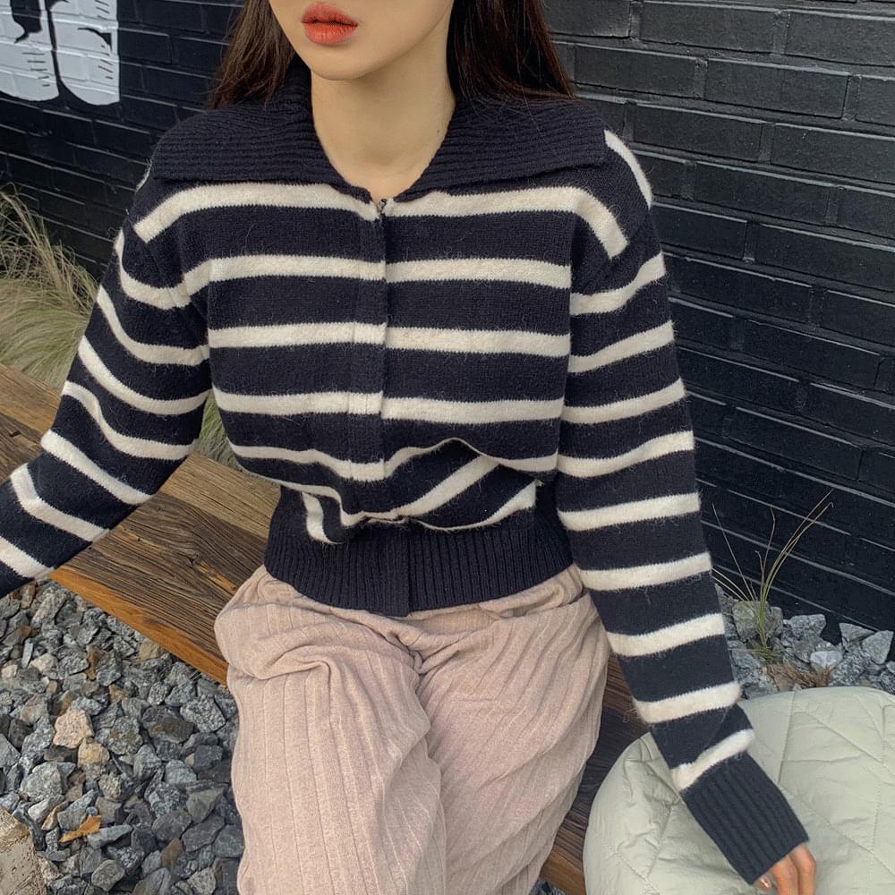Bokdak Striped Stripe Collar Hidden Zippers Basic Overfit Long Sleeve Knitwear Zip-up Striped Shibori Jacket Cardigan Black Ivory Beige