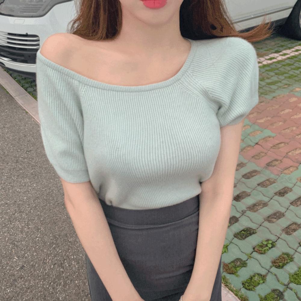 Cozy Wool Square Neck Creamy Ribbed Ribbed Short Sleeve Knitwear T-Shirt Ivory Mint Lavender Navy