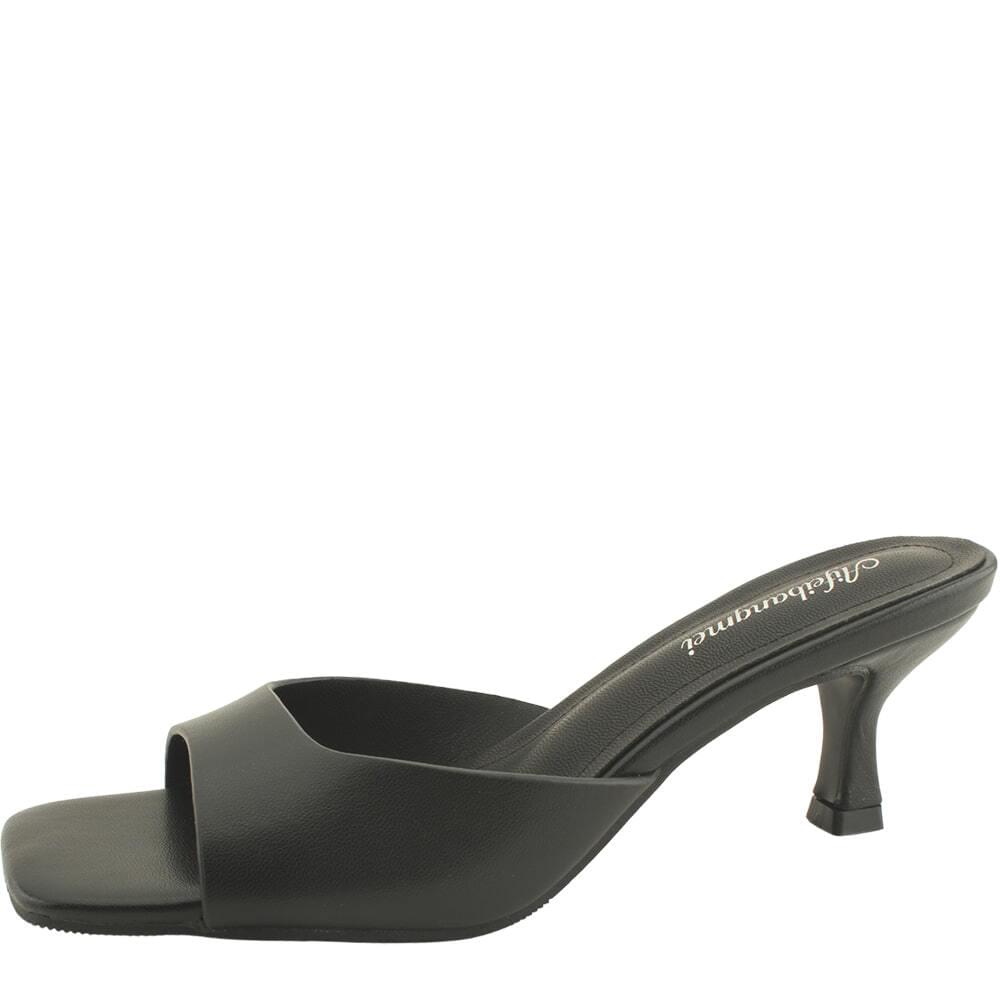 Cowhide Slim Minimal Mid Heel Mule Slippers 6cm Black