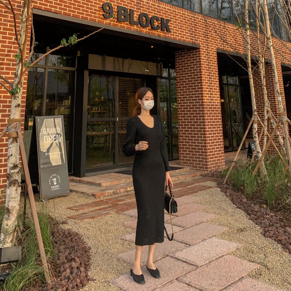 Thick V-Neck Ribbed Knitwear long Dress Striped striped long-sleeved h-line knit Dress 3 colors