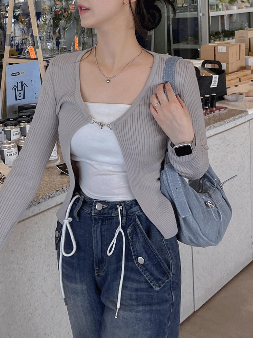V-Neck vertical Ribbed crop ring chain cardigan Spandex tight sleeve long buckle spring fall outerwear mid-season school uniform item high teen slim fit slender