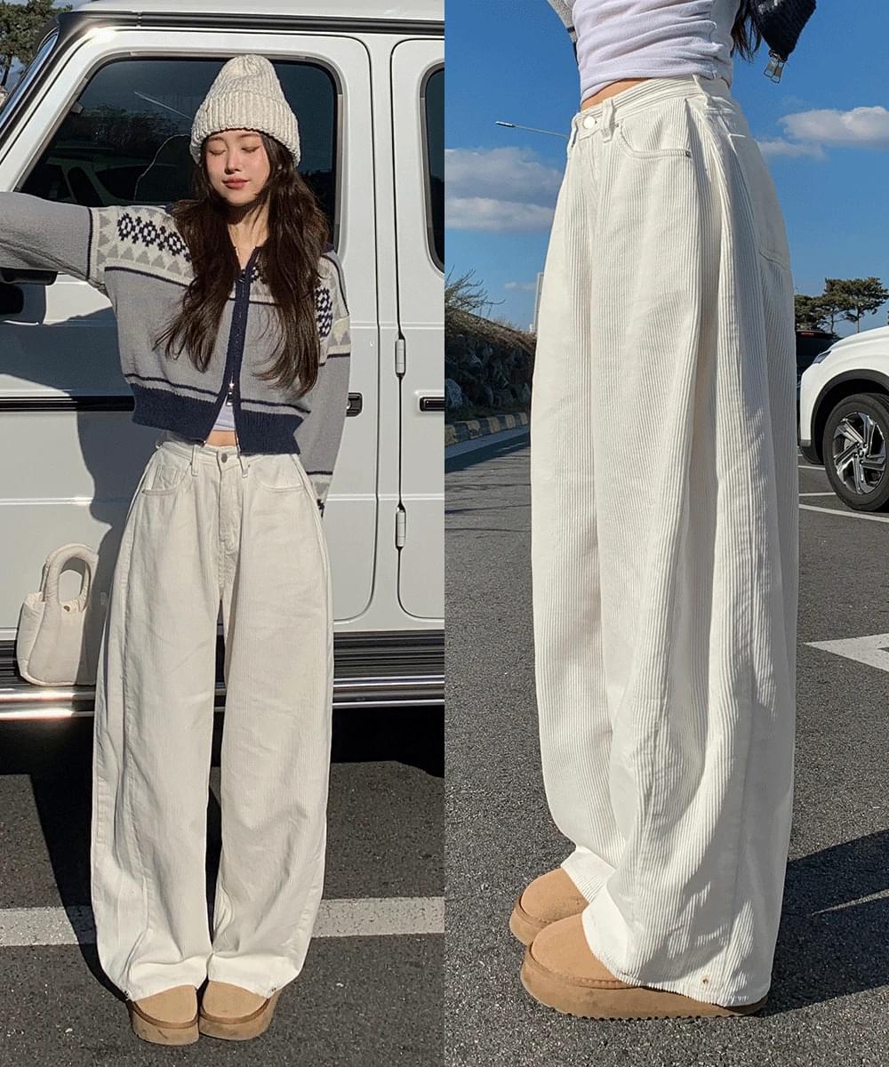 *Side pin tuck & hem snap* Anti-slip corduroy side pin tuck wide pants High waist golden snap button two-way loose Loose-fit long pants White Brown Black