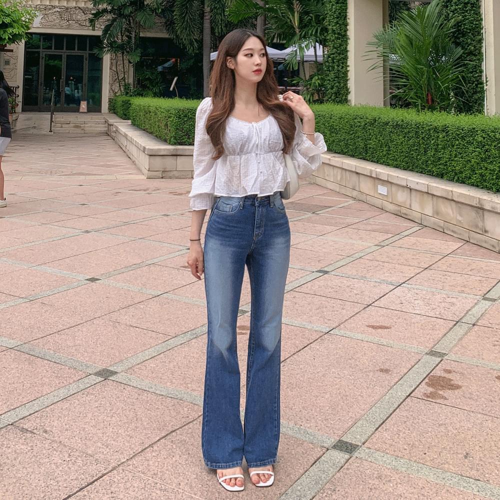 Y2K Unique Hip White Faded Long Wide Pants Slim Semi Flared High Waist Autumn Cotton Denim Pants Dark Blue