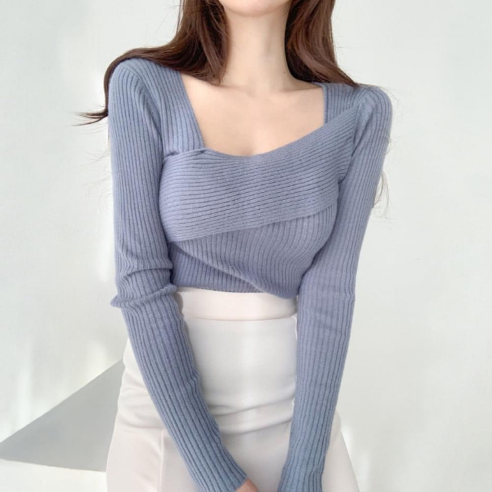 Glamfit Slim Fit Tight Twist Wrap Uneven V-Neck Neck Long Ribbed Knitwear Ivory Sky Blue Pink Spring Mid-Season