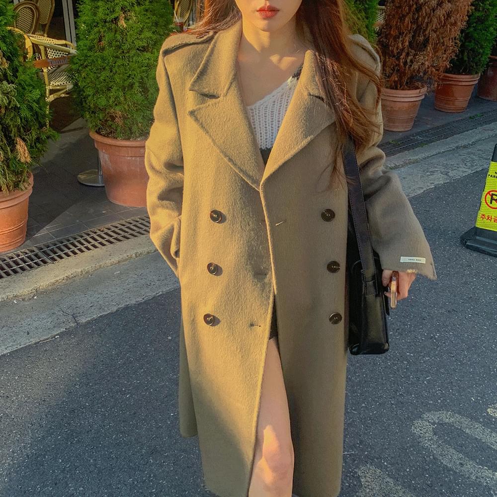 Handmade classic double collar overfit long trench coat epaulet button pocket robe winter black khaki 2col