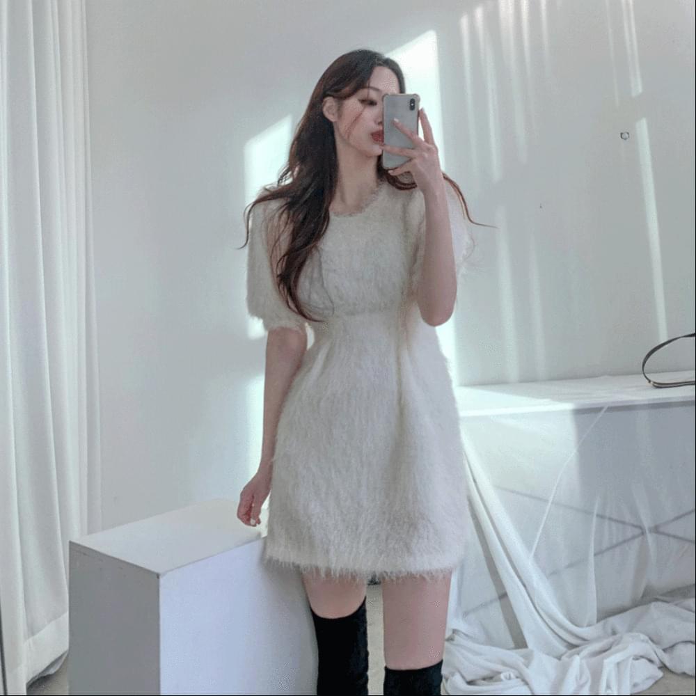Bling Fur Feather Puff A-Line Pin Tuck Shirring Round Neck Mini Dress Christmas