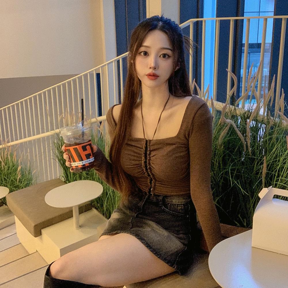 Slim fit halter neck crop shirring hook t-shirt buckle ribbon short cardigan point inner long sleeve tee unique vintage spring mid-season