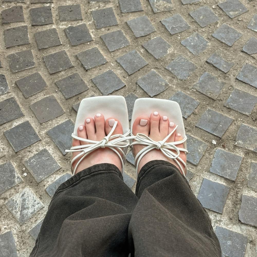 Ballet core look ribbon strap square toe slippers heel height leather sandals mules soft cushion spring summer shoes 3COL 225~250 凉鞋