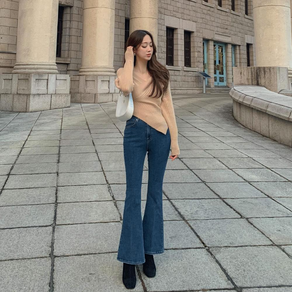 Two-button high waist corrective fit All seasons long Flared jeans Spandex denim pants SML Light Blue blue dark Dark Blue
