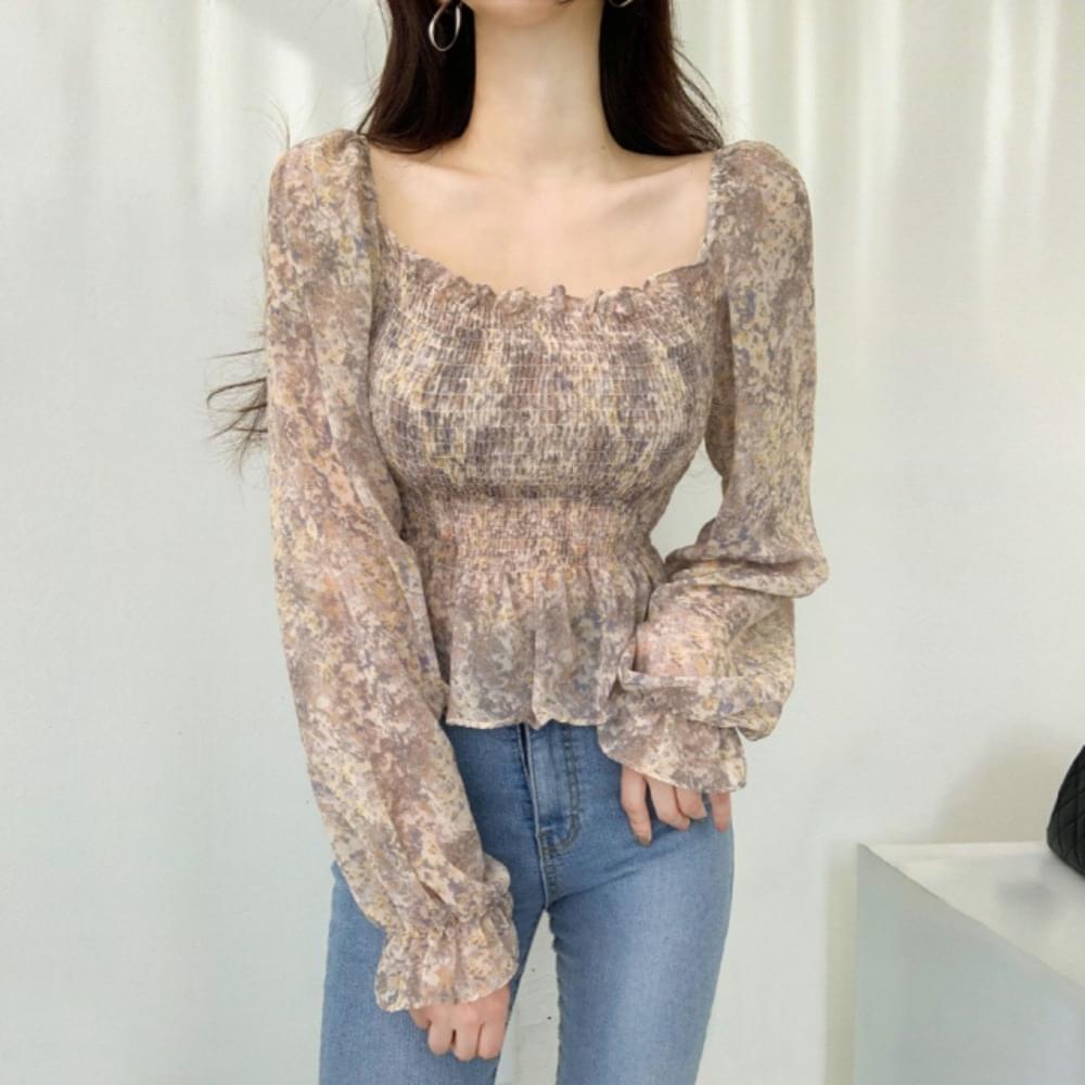 Watercolor square neck chiffon flower puff balloon sleeve shirring pleated smoke blouse rose green yellow gray turban
