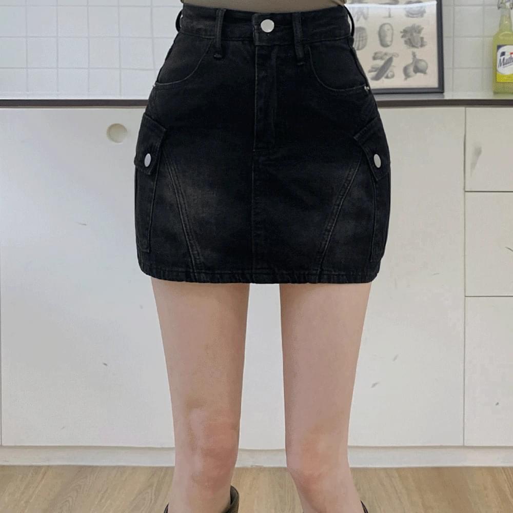 Vintage Faded Denim Mini Skirt High Waist H Line Cargo Skirt Pocket Denim Skirt Underpants Festival Look Water Bomb Blue Black Denim SML