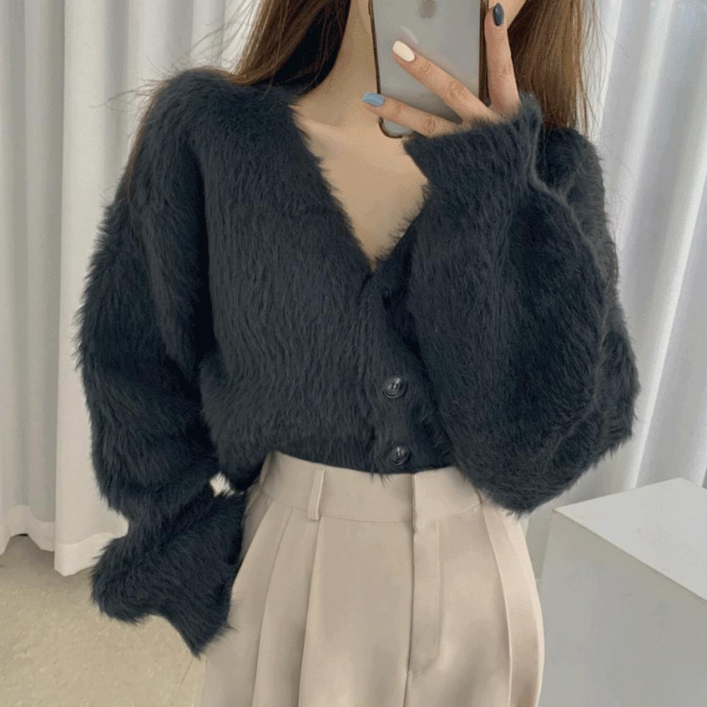 Warm thick pastel Loose-fit angora mohair crop V- V-Neck balloon sleeve feather fur Knitwear cardigan
