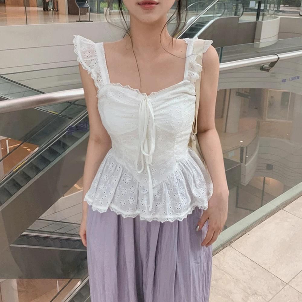 Punching Square Sleeveless Blouse Lace Banding Crop Sleeveless Frill Puff Summer Vacation Holiday Resort Look White