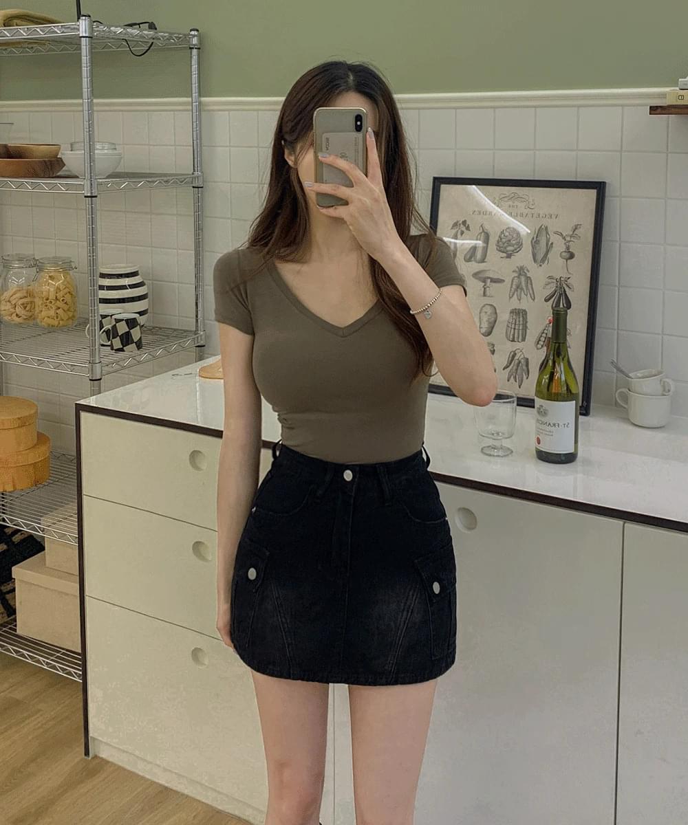 *Arm removed* V-Neck short sleeve T-shirt crop summer Spandex inner layered tights waist slim fit daily basic