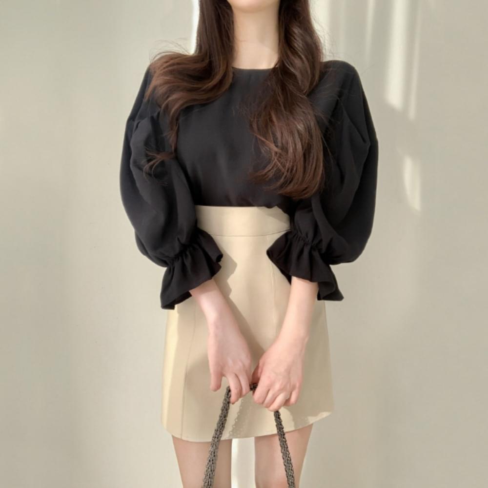 Pintuck Balloon Puff Sleeve Shirring Frill 3/4 Length Modal Blouse Ivory