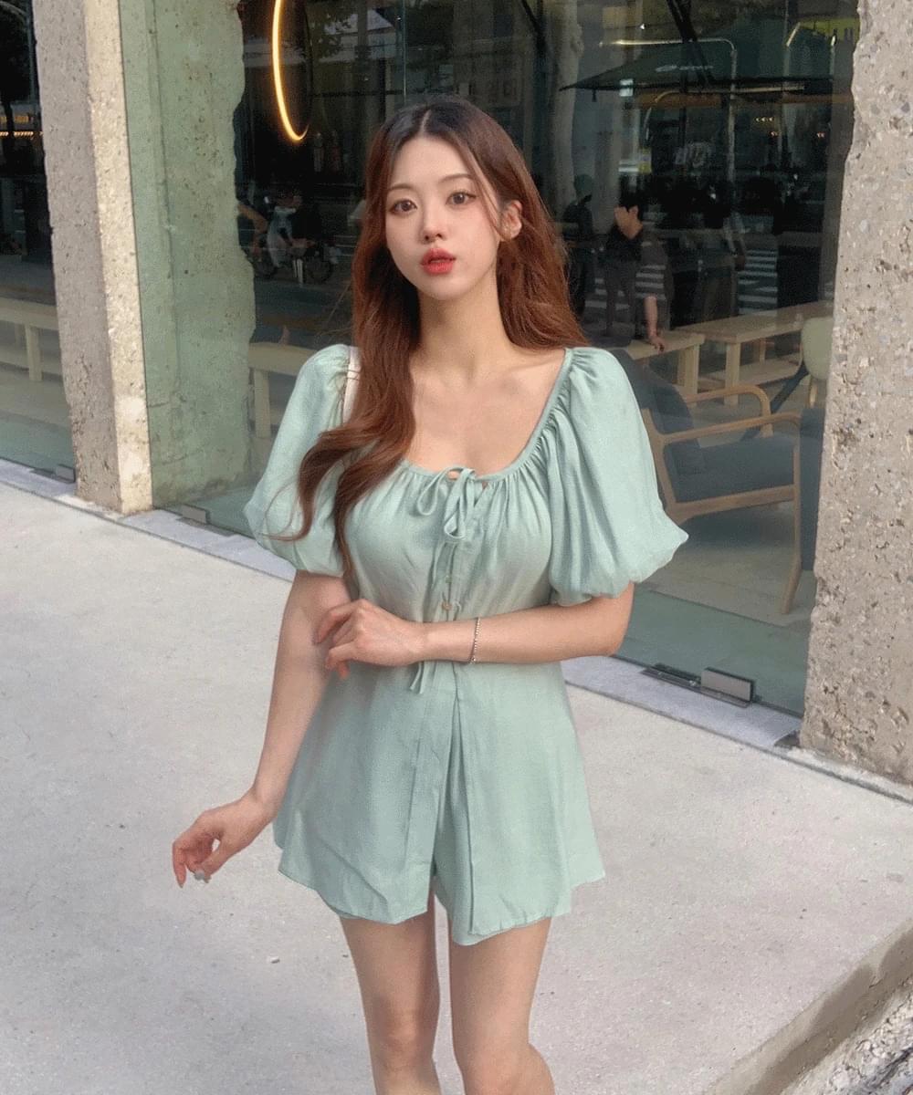 *Set price* Linen short sleeve chiffon blouse + banding mini skirt pants set Split button ribbon puff shirring two-piece one- Dress ballet core look set-up