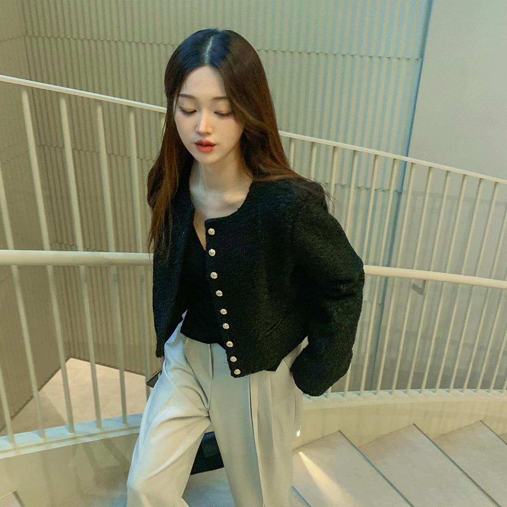 Nokara Buckle Round Crop Tweed Jacket Short Gold Button Mini Pocket Crop Mid-Season Outerwear Ivory Dark Gray Black