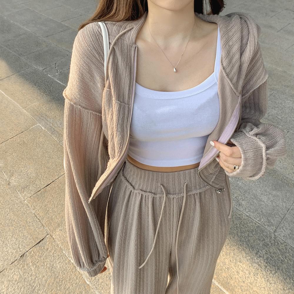 Slim Ribbed ribbed cropped hooded zip-up + high waist banding long wide pants sweats all seasons long sleeve training set 4col