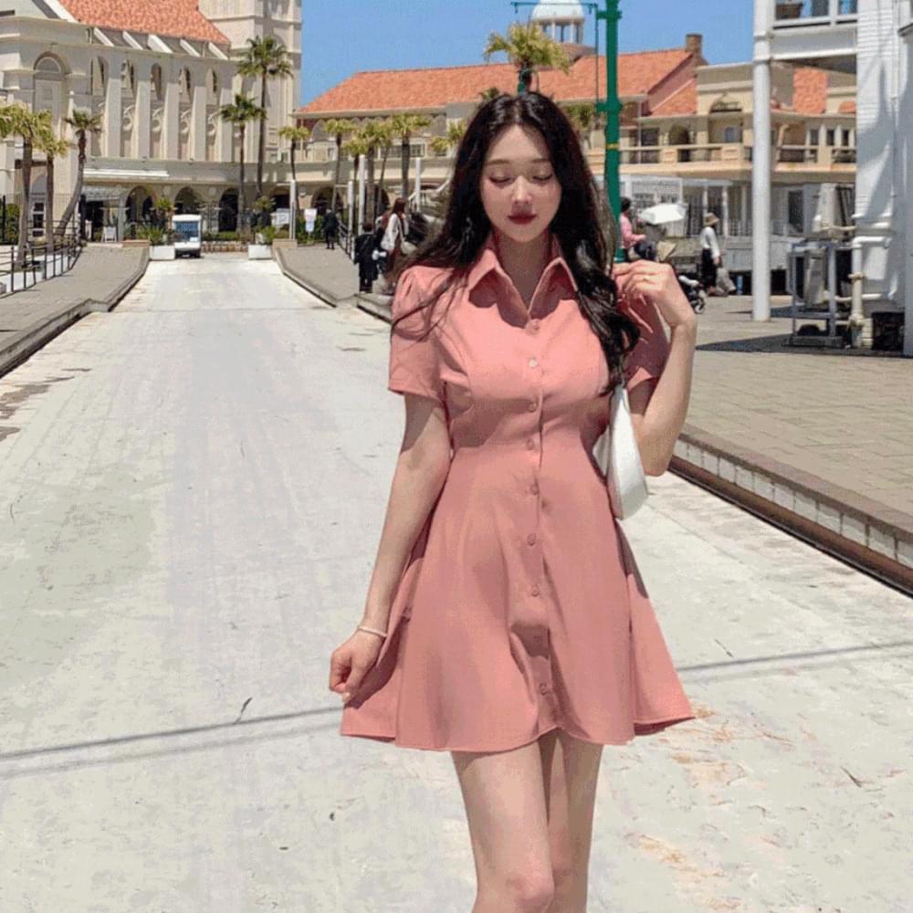 Same day MADE Charurur Sky Blue Collar Button Cotton A-line Short Sleeve Mini Shirt Dress Dress Strap Cherry Blossom Look Flower Play Look Date Look Guest Look 6 Colors