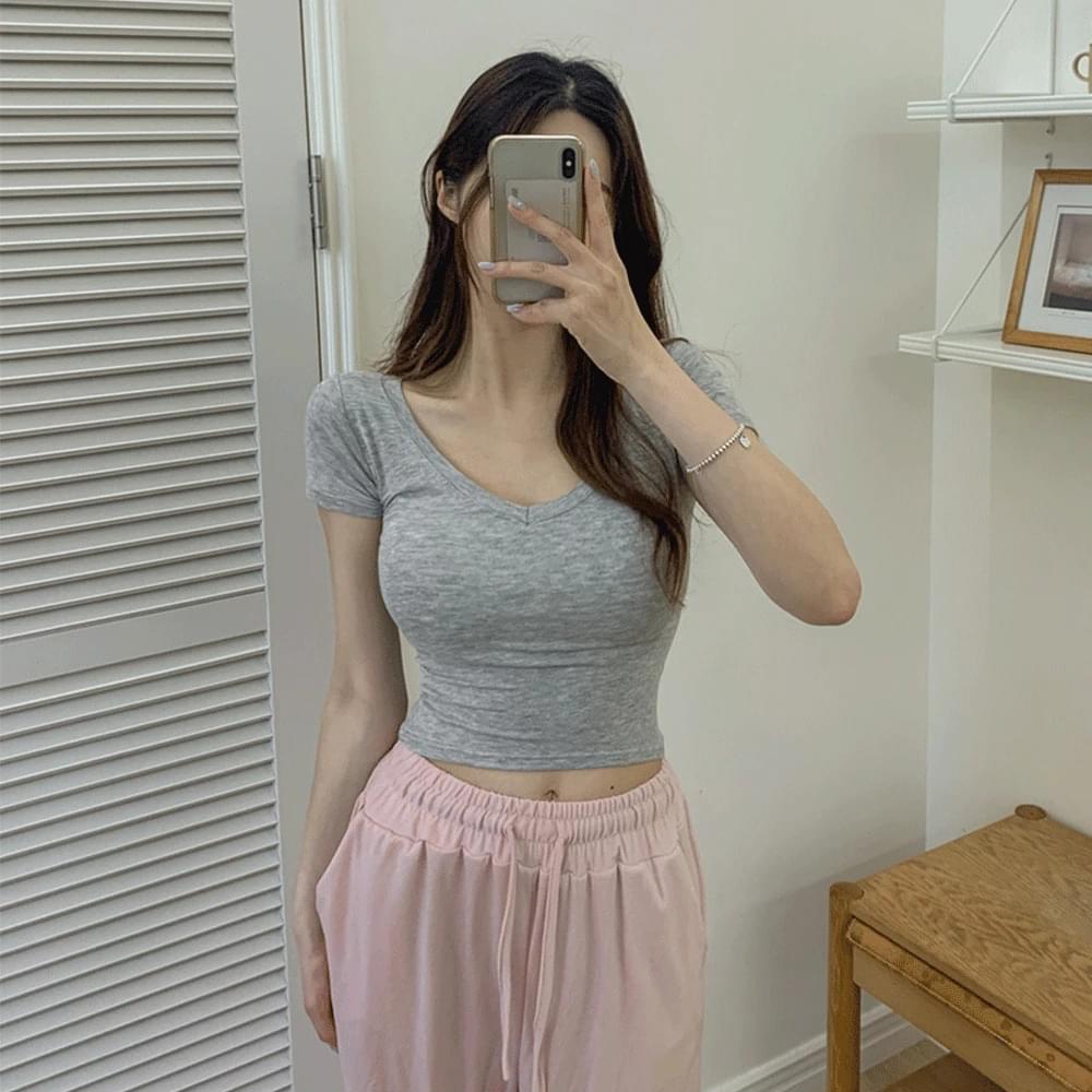 *1+1* V-Neck short sleeve t-shirt crop Spandex inner layered arm cut summer tight fit daily basic