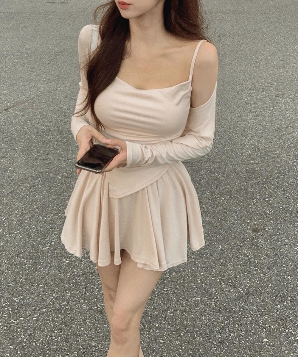 3pcs Chalang Drape Unbalanced Shirring Sleeveless + Loose-fit Young Cardigan + Flare Mini Skirt Banding Skirt Pants Three-piece Glam Fit Dress Two-piece