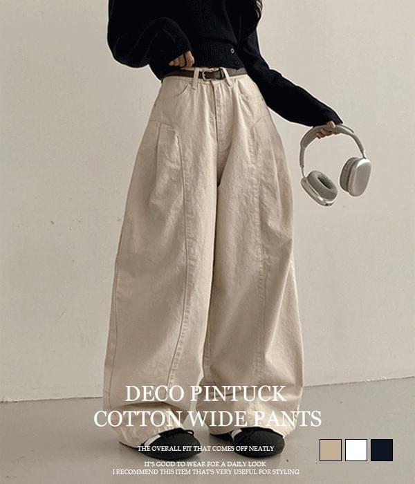 Deco pin tuck cotton wide pants