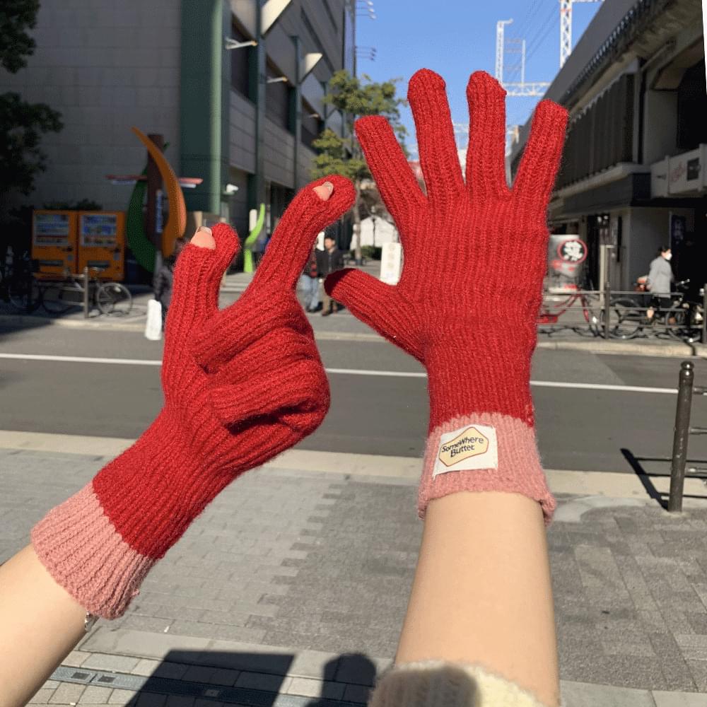 배색 골지 니트 손가락 울 롱 장갑 컬러 스마트폰 터치