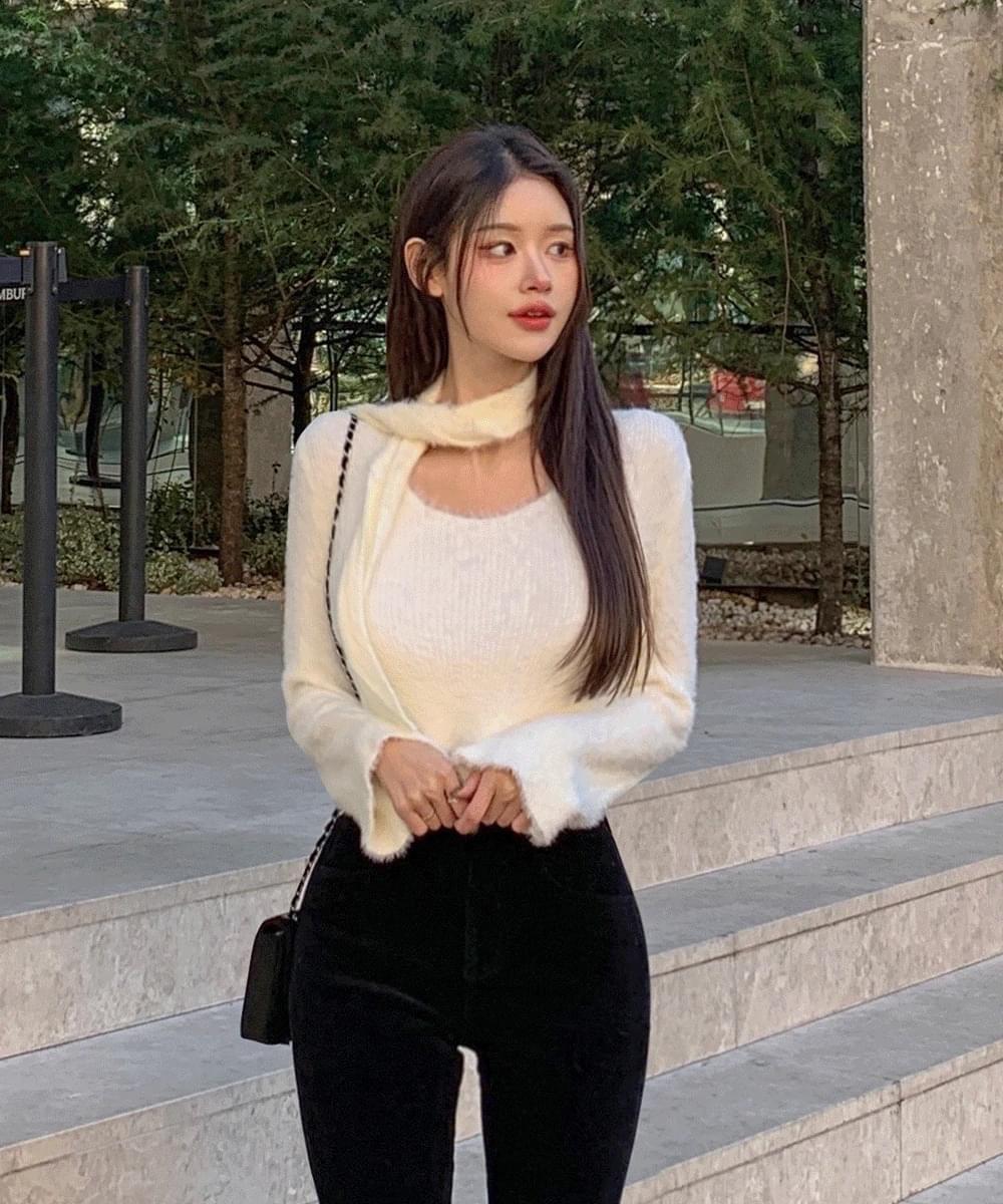 Yeri Angora Crop Knitwear Tie Scarf Choker Set Round Neck Trumpet Sleeves Feminine Winter Date Look Year-End Look Christmas
