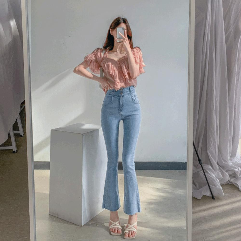 Two-button high waist long Flared cutting ice Spandex denim pants SML Light Blue Dark Blue spring mid-season