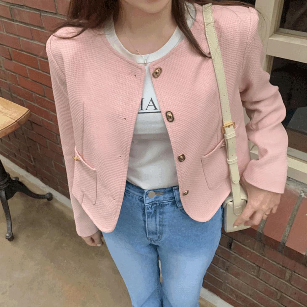 High quality no-collar round neck semi-crop tweed jacket gold button pocket round short jacket spring inter-season wedding guest look 3col