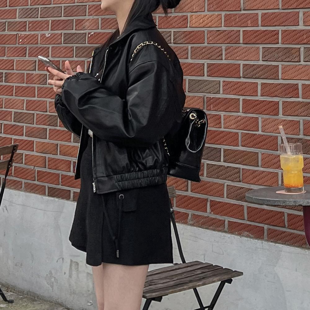 Round collar neck two-way cropped leather Jacket pocket zipper leather jacket vegan leather wearable blouson inter-season Jacket fall winter black