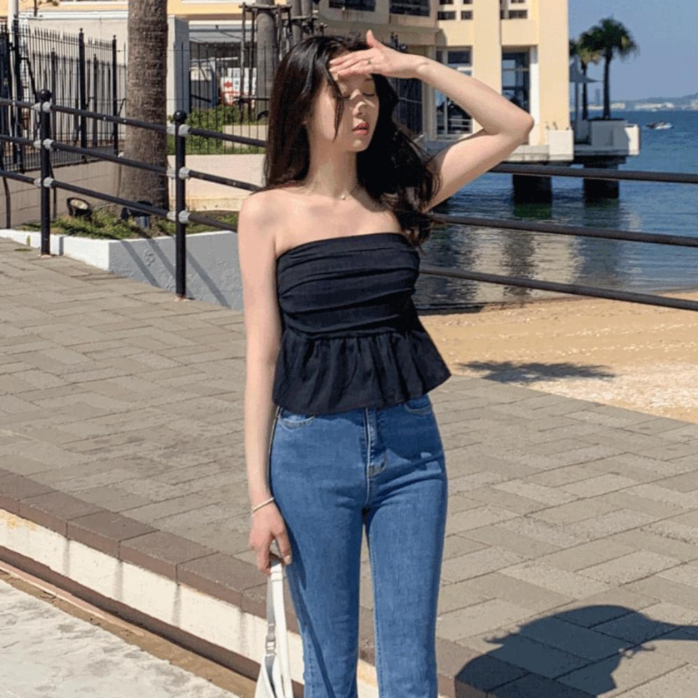Feminine Smoke Banding Frill Short Crop Balloon Sleeveless Top Blouse Tube Top Tank Top Sleeveless Sleeveless A-Line Flare Summer Resort Look Party Look 2COL