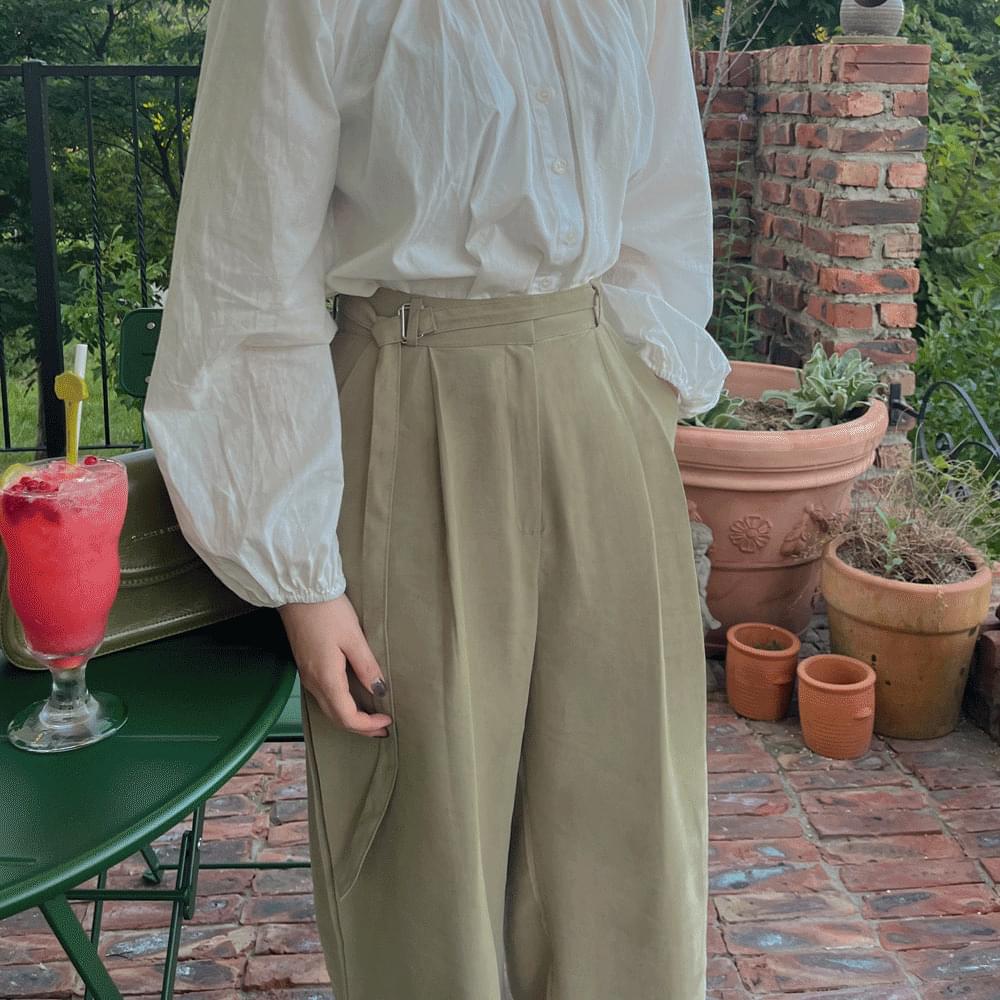 Cheering~ High waist two pin tuck belt long wide slacks one-piece cotton beige pants fall winter guest look date look office look S M