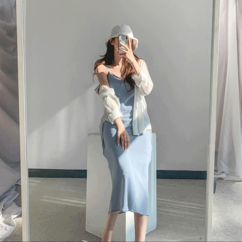 Silky satin pastel flare long slip Dress V-Neck Sleeveless bustier long Dress