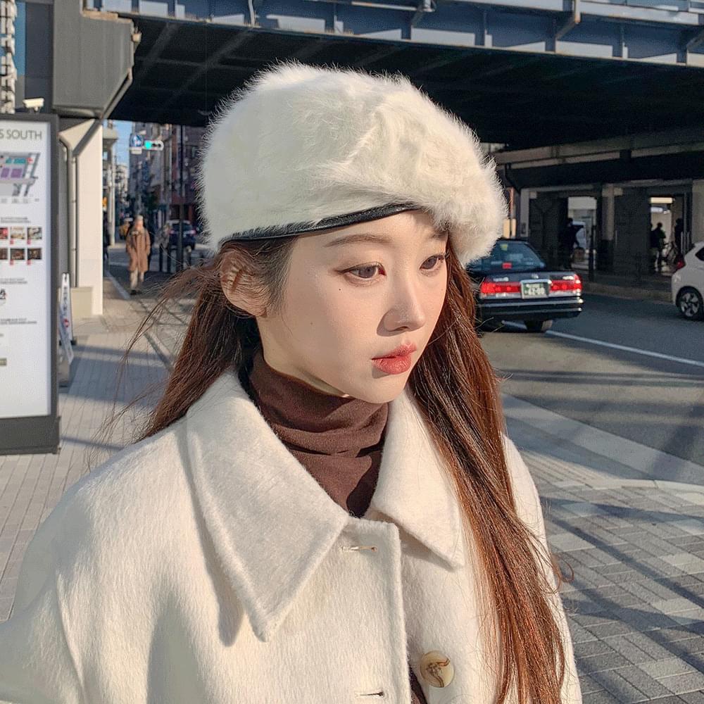 Winter Angora Beret Baker Hat Leather Strap Adjustable Basic Plain Fur Knitwear Hat Simple Painter Hat Winter Item Cold Wave Item