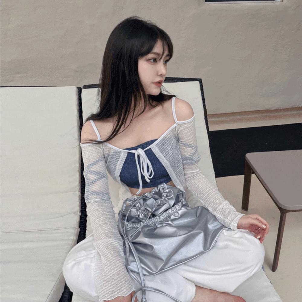 끈 나시 리본 스트랩 볼레로 긴팔 티셔츠 썸머 가디건 아우터 시스루 물결 크롭 비키니 커버업 블랙 아이보리 핑크