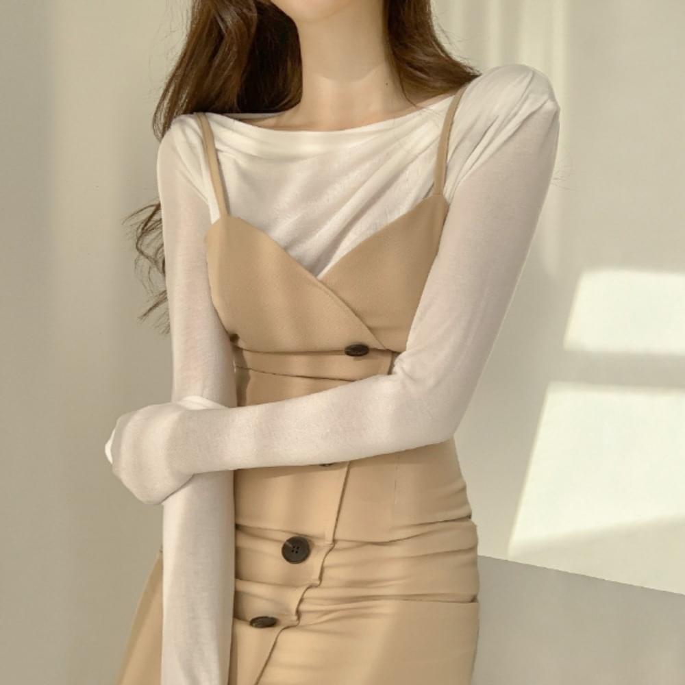 Uncut shirring boat neck lip neck pin tuck sleeve long drape off shoulder long sleeve T-shirt black white pink turban beige