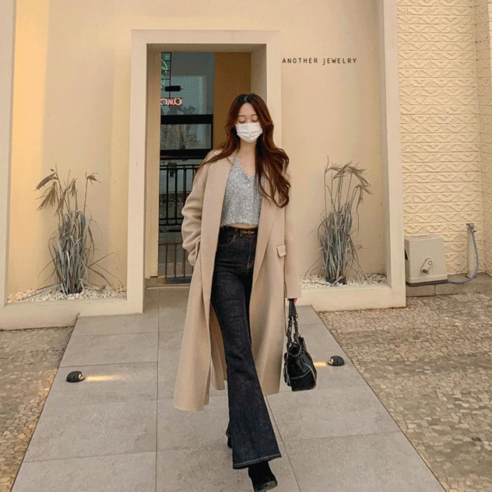 High quality wool robe collar strap belt long coat overfit loose Loose-fit slit HMCT jacket