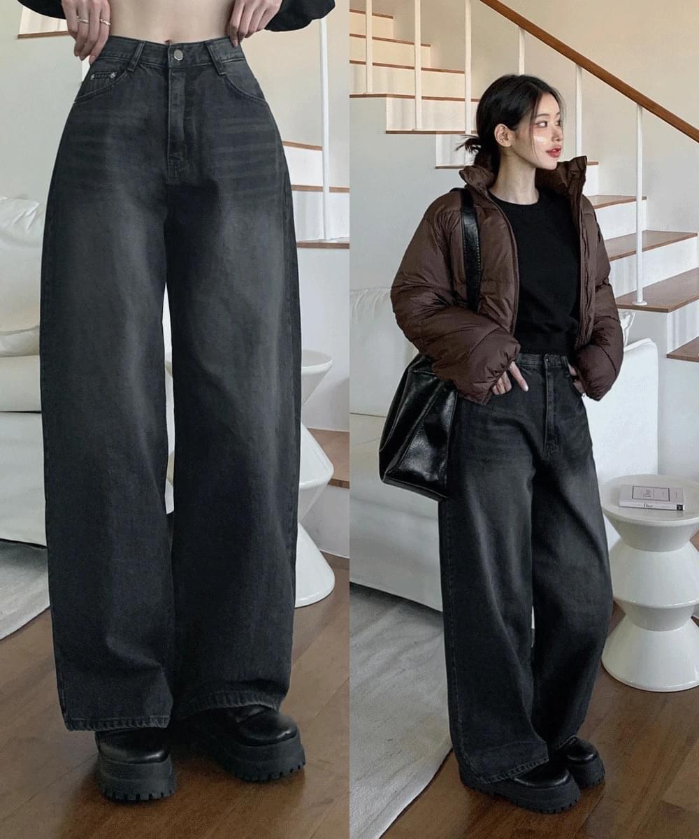 Faded Balloon Wide Denim Pants Trousers Cotton Overfit Cotton Pants Jeans Fall Winter Dark Blue Denim Daily Look SML