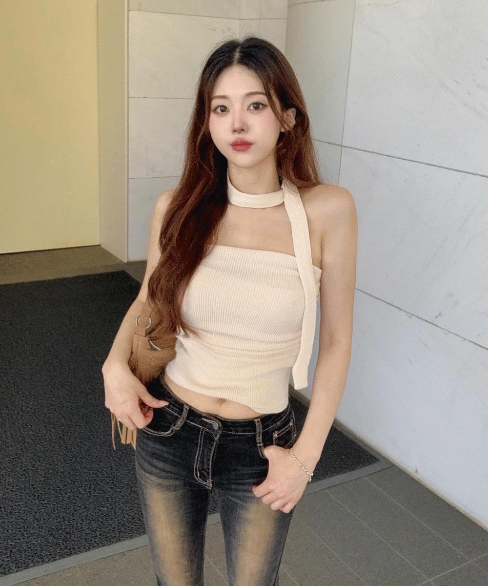 Shirring Ribbed Top Tie Set T-shirt Layered Kkwan-kku Feminine Date Look Tight Tee Spandex Autumn Feminine
