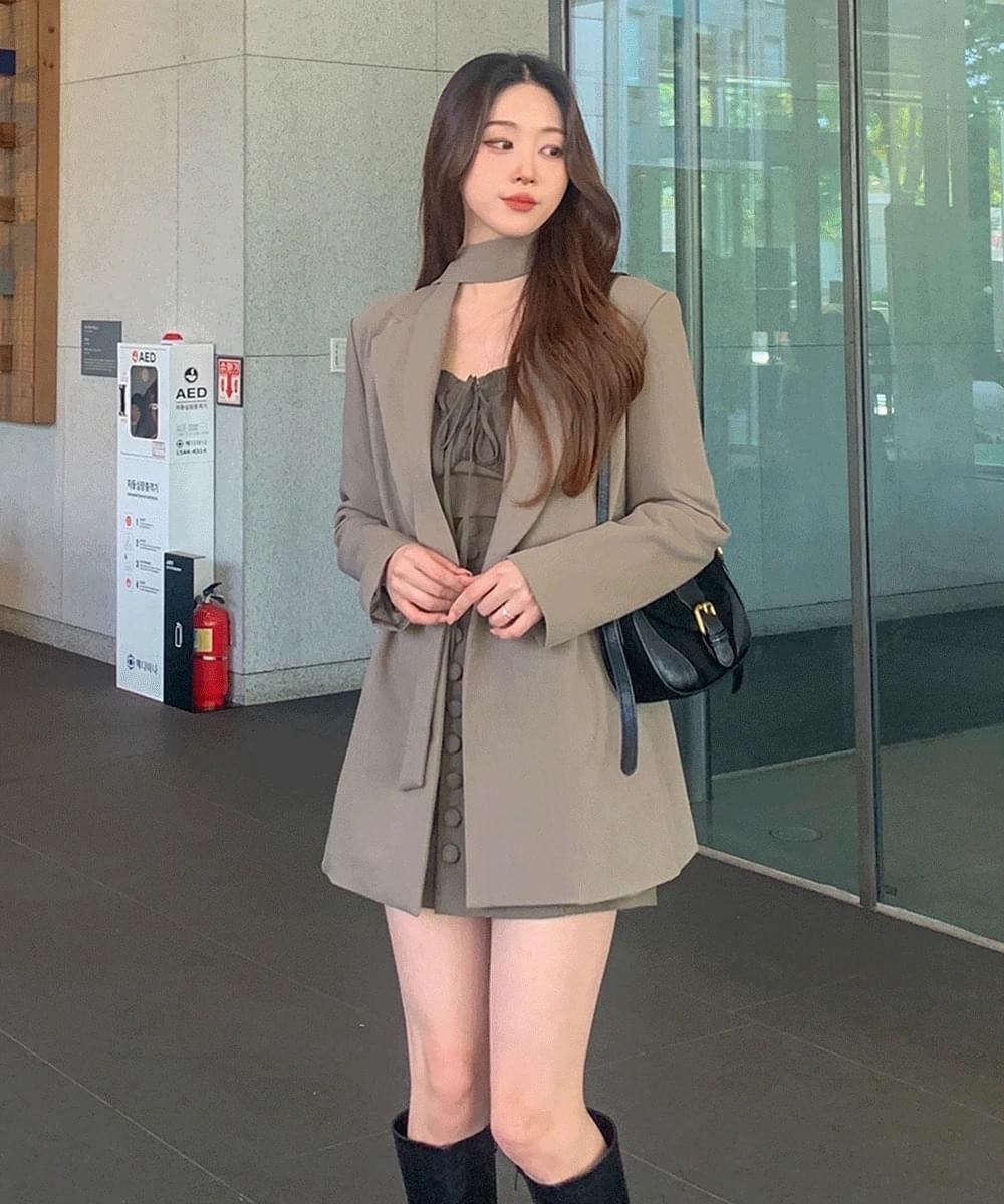 Waist belt double collar jacket outer blazer jacket open strap set suit spring mid-season