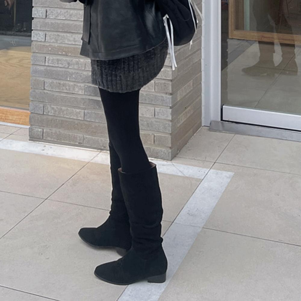 Suede Wrinkle Shirring Western High Heel Middle Boots Slim Wrinkle Semi Square Toe Slouchy Half Boots Dark Beige Black 2COL 3CM