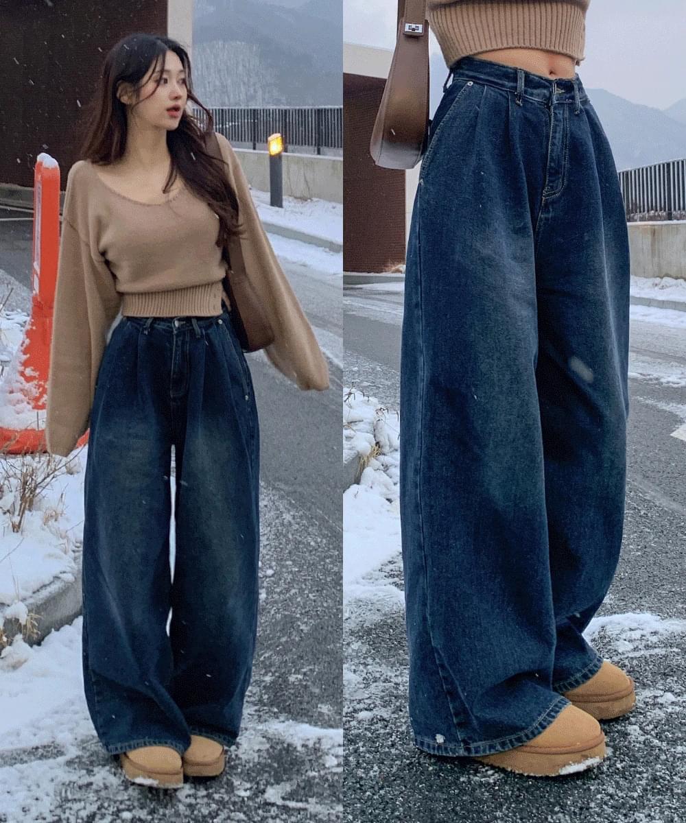 ** Low-waist overfit long wide cotton denim pin tuck pants low-rise straight cotton pants jeans