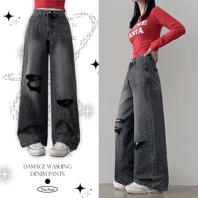 Nat High Waist Damage Faded Black Denim Denim Pants 牛仔褲