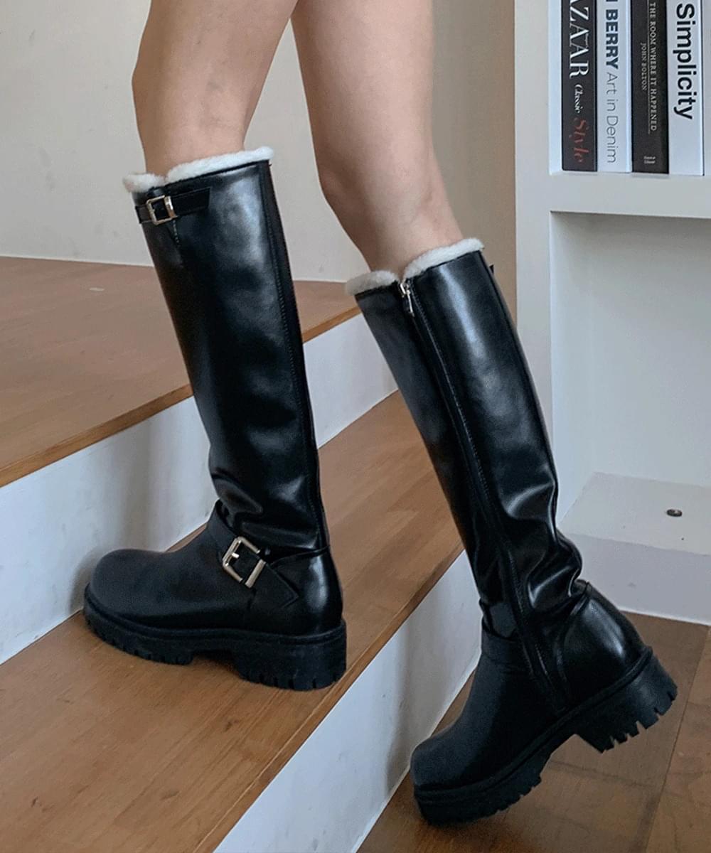 *3.5CM* Fur trimming buckle long boots leather glossy round shoes high heel zipper slim fit leather fur Fleece-lined short woman biker winter year-end look 6SIZE